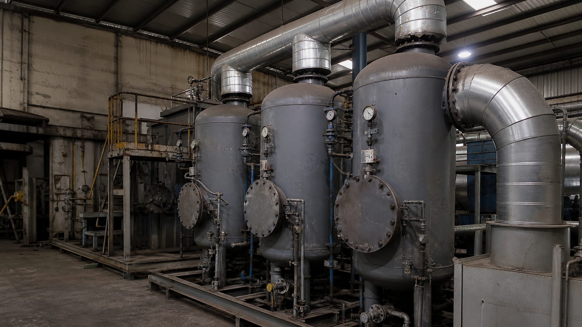Industrial gas treatment atmosphere with adsorption towers and ducting