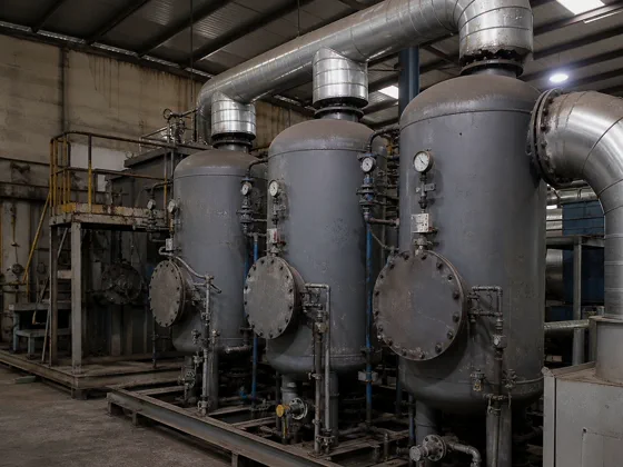 Vertical adsorption vessels and ducting in an industrial gas-treatment system