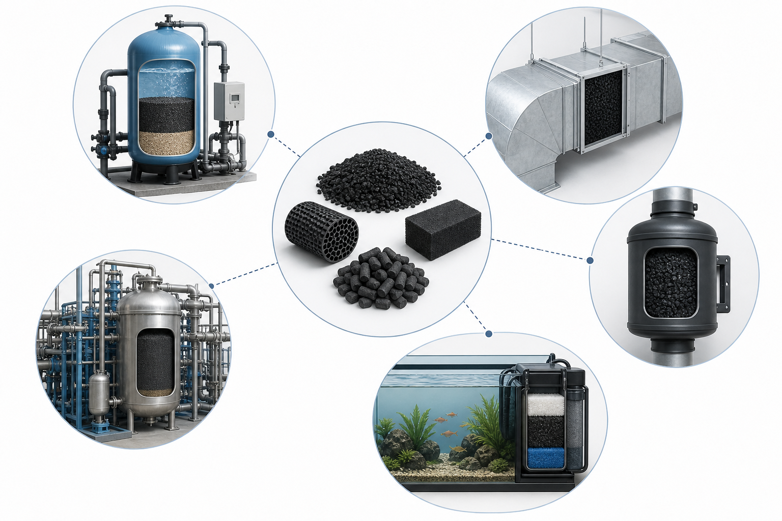 Activated carbon application pathways for water, air, odor control, aquariums, and industrial systems
