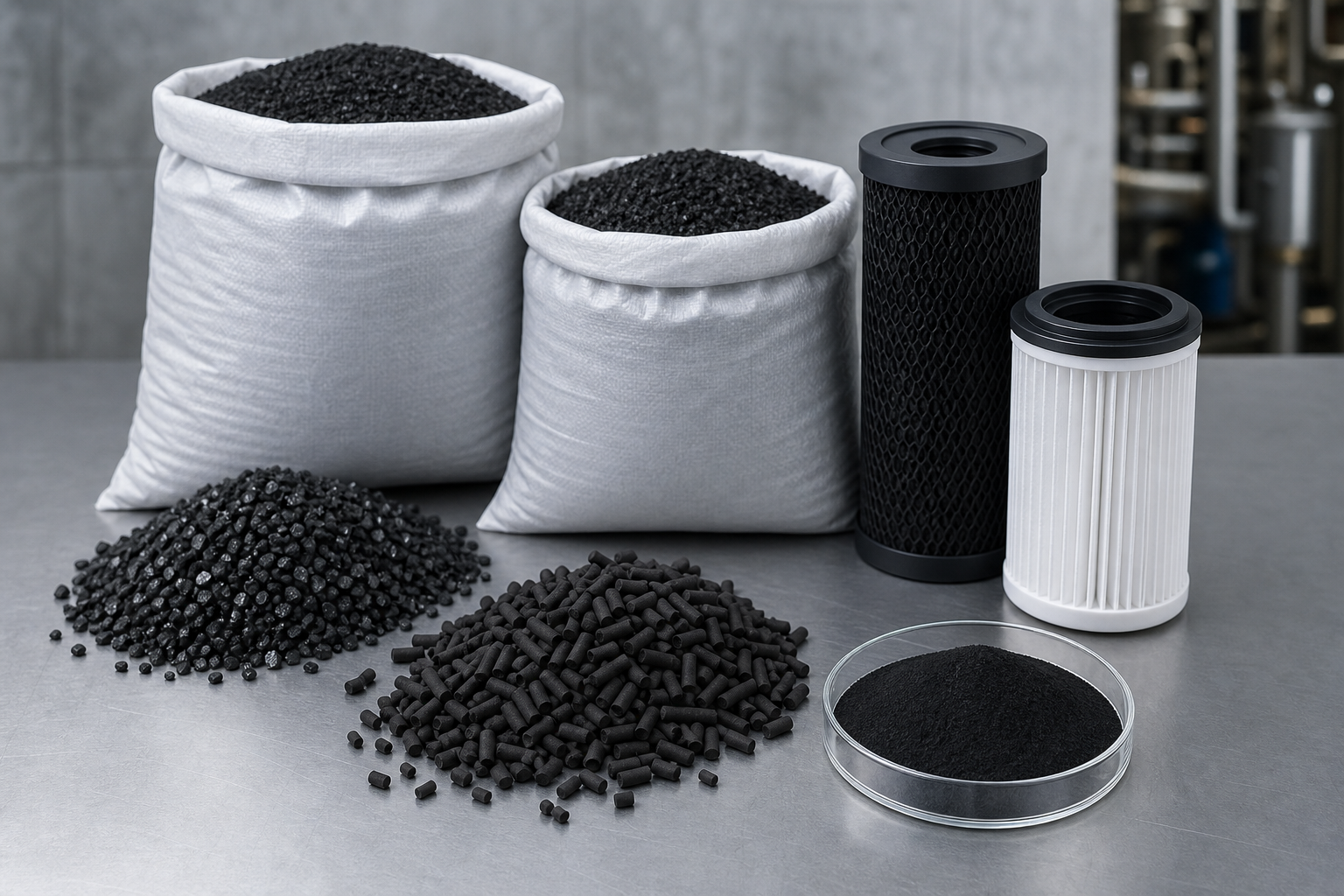Granular, pelletized, powdered, cartridge, and bulk activated carbon formats