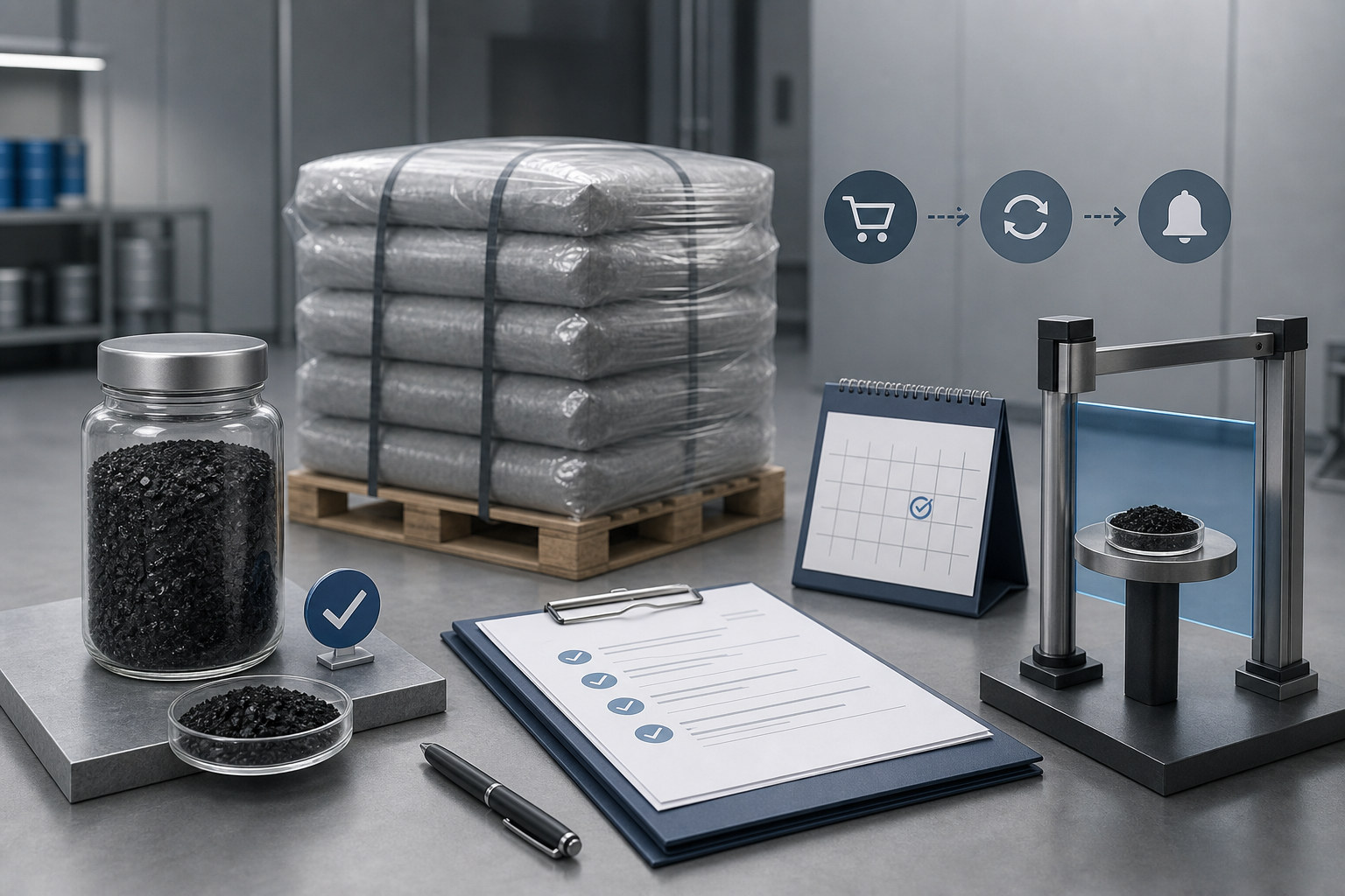 Repeat order workflow for bulk activated carbon lot documentation and change control