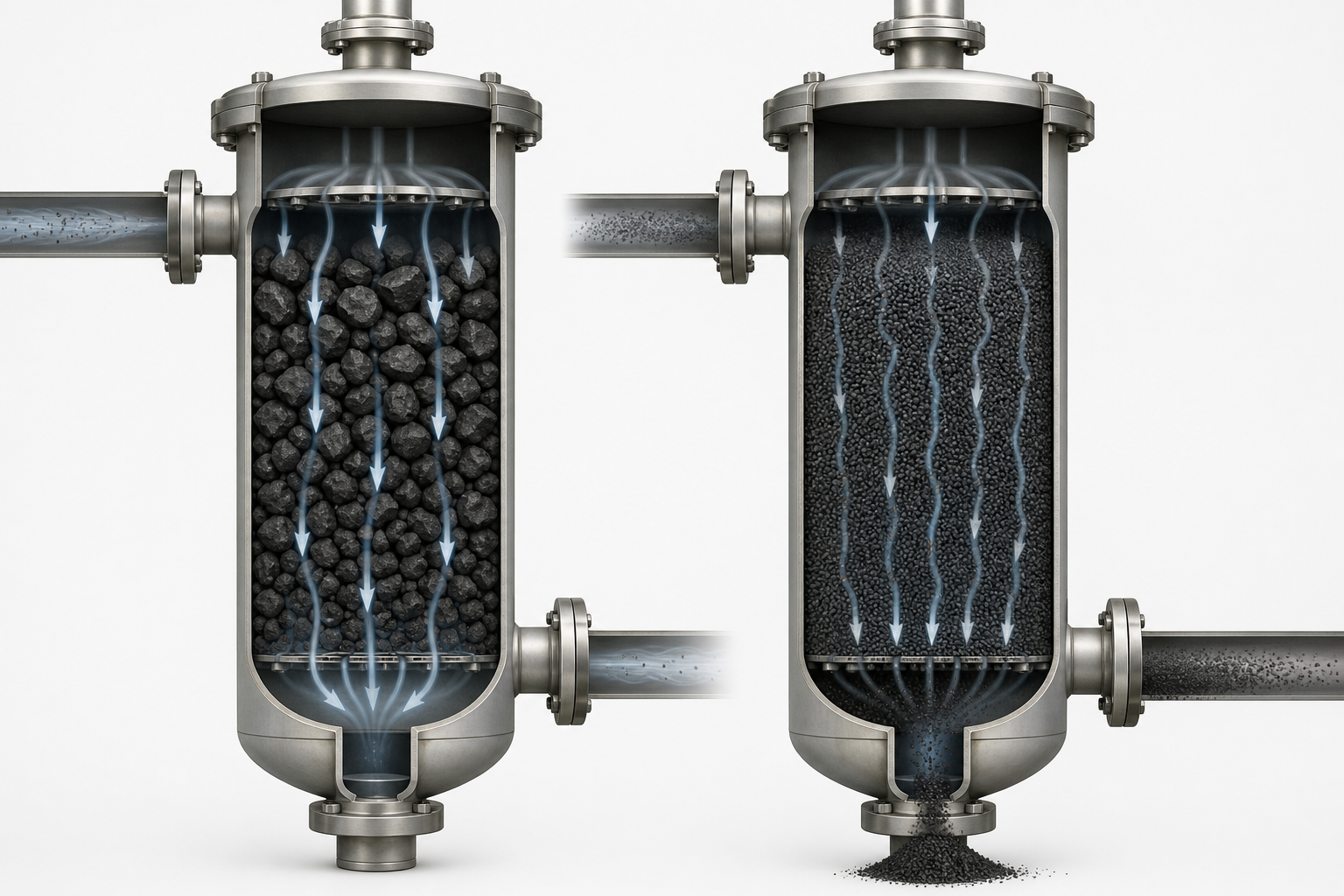 Granular activated carbon mesh size effect on flow fines and pressure drop