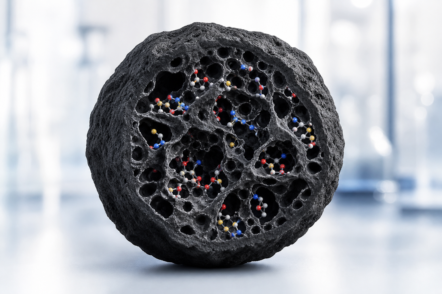 Activated carbon pore structure illustrating adsorption inside internal pores