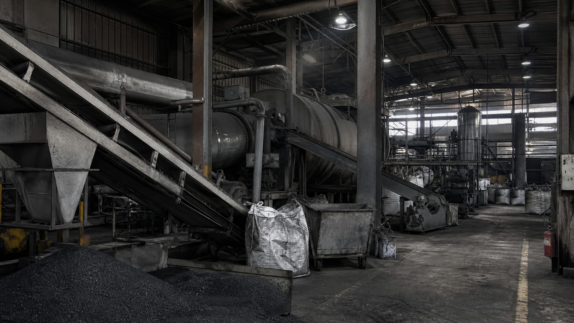Activated carbon production workshop atmosphere with activation equipment and carbon handling area