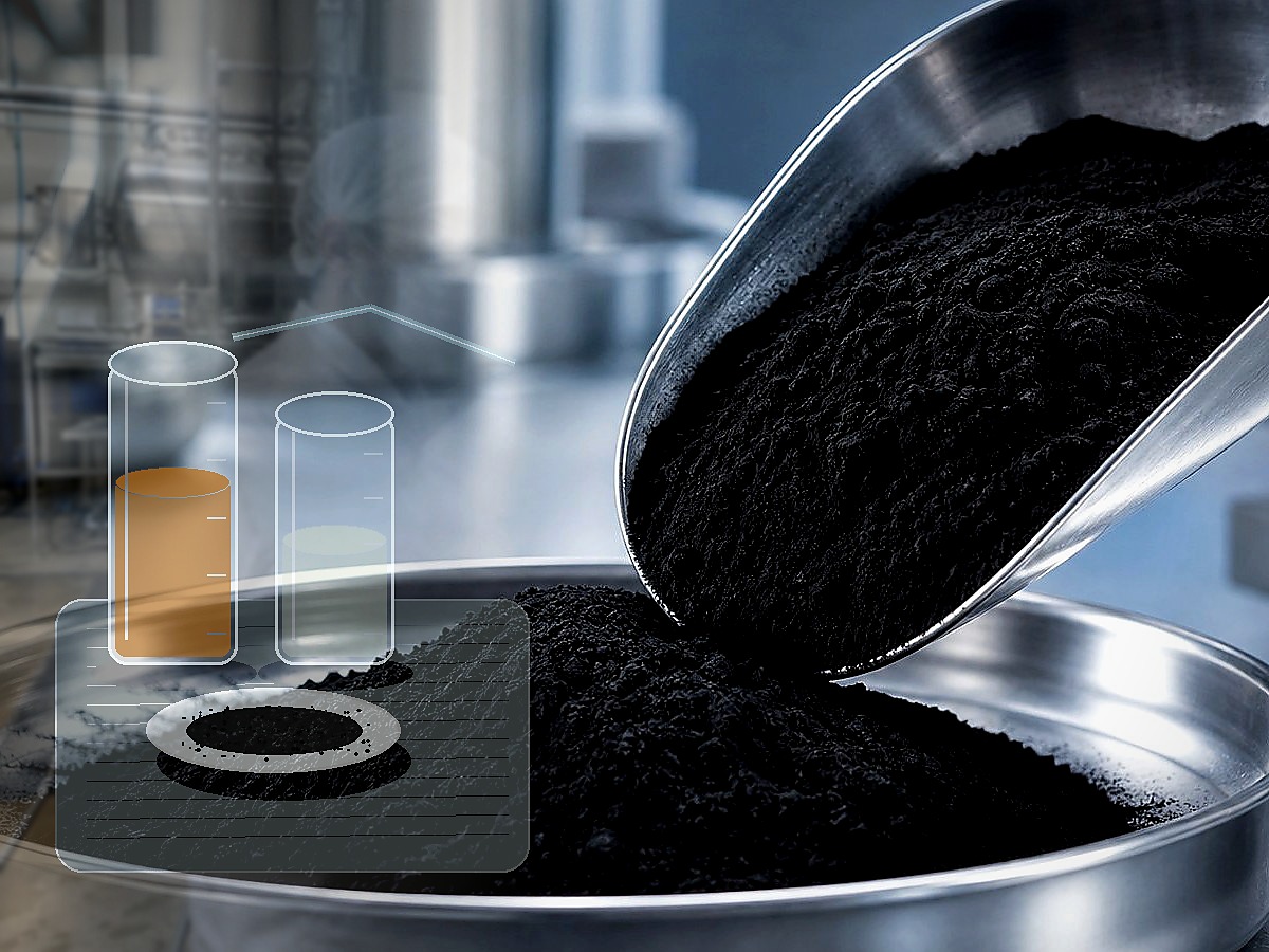 Powdered activated carbon sample with liquid decolorization testing cue
