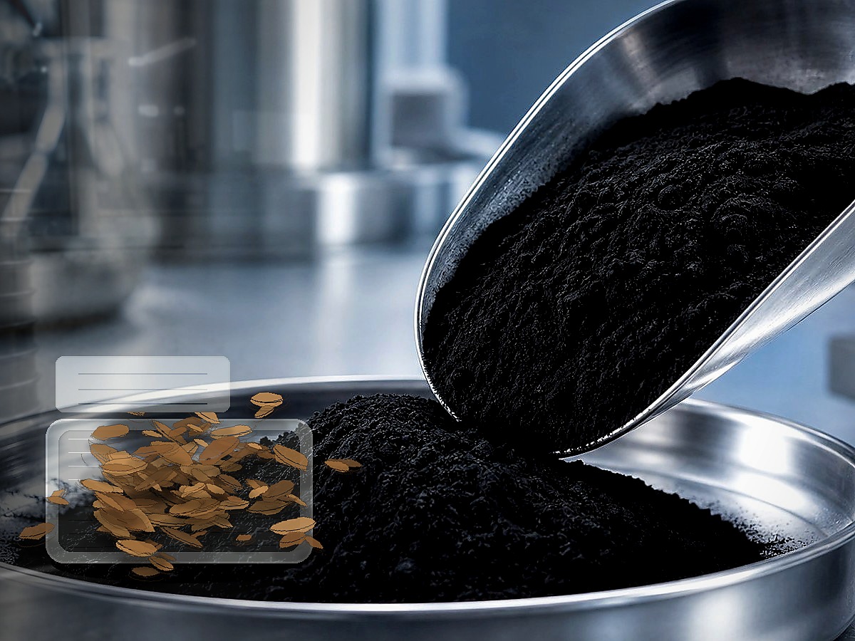 Wood based powdered activated carbon sample with wood source material cue