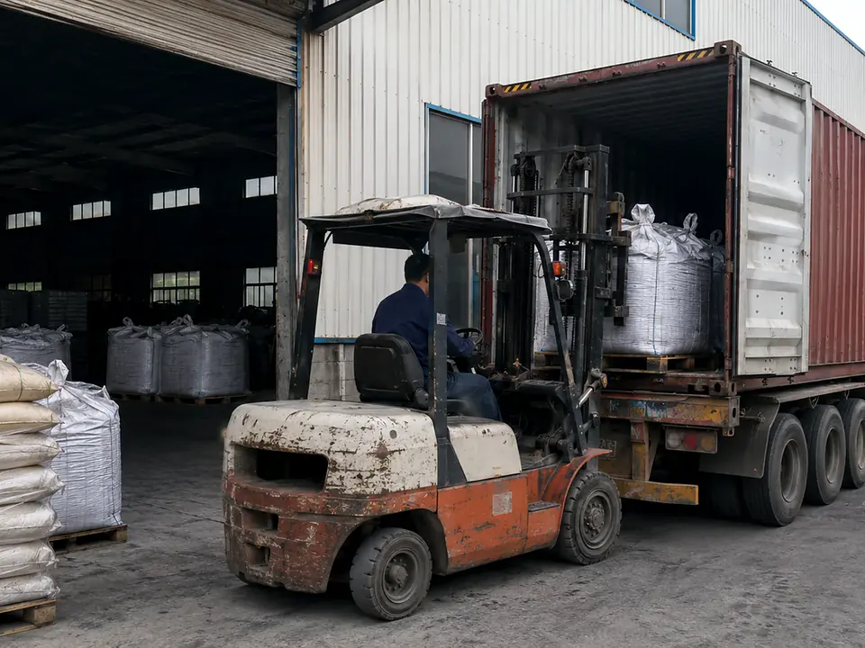Forklift loading activated carbon bulk bags into a shipping container