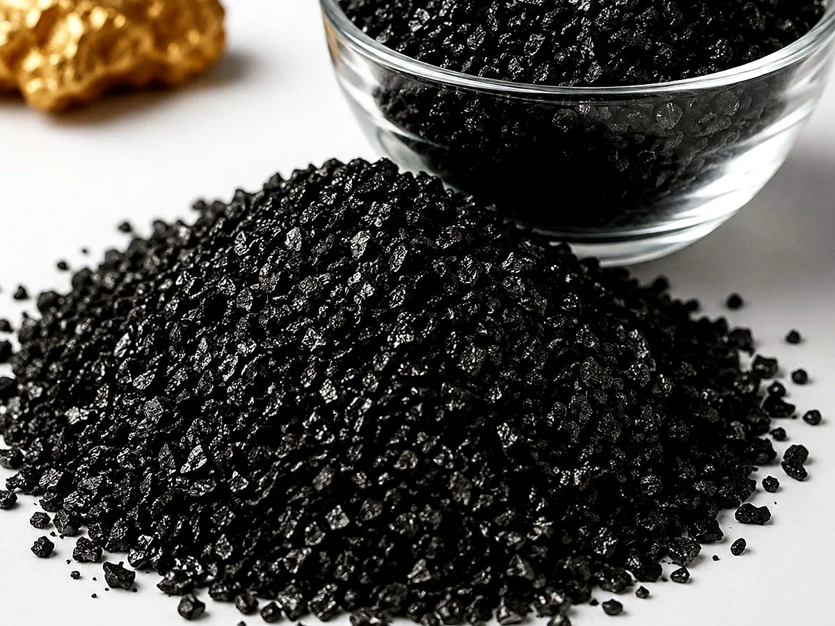 Gold recovery activated carbon sample with gold ore reference