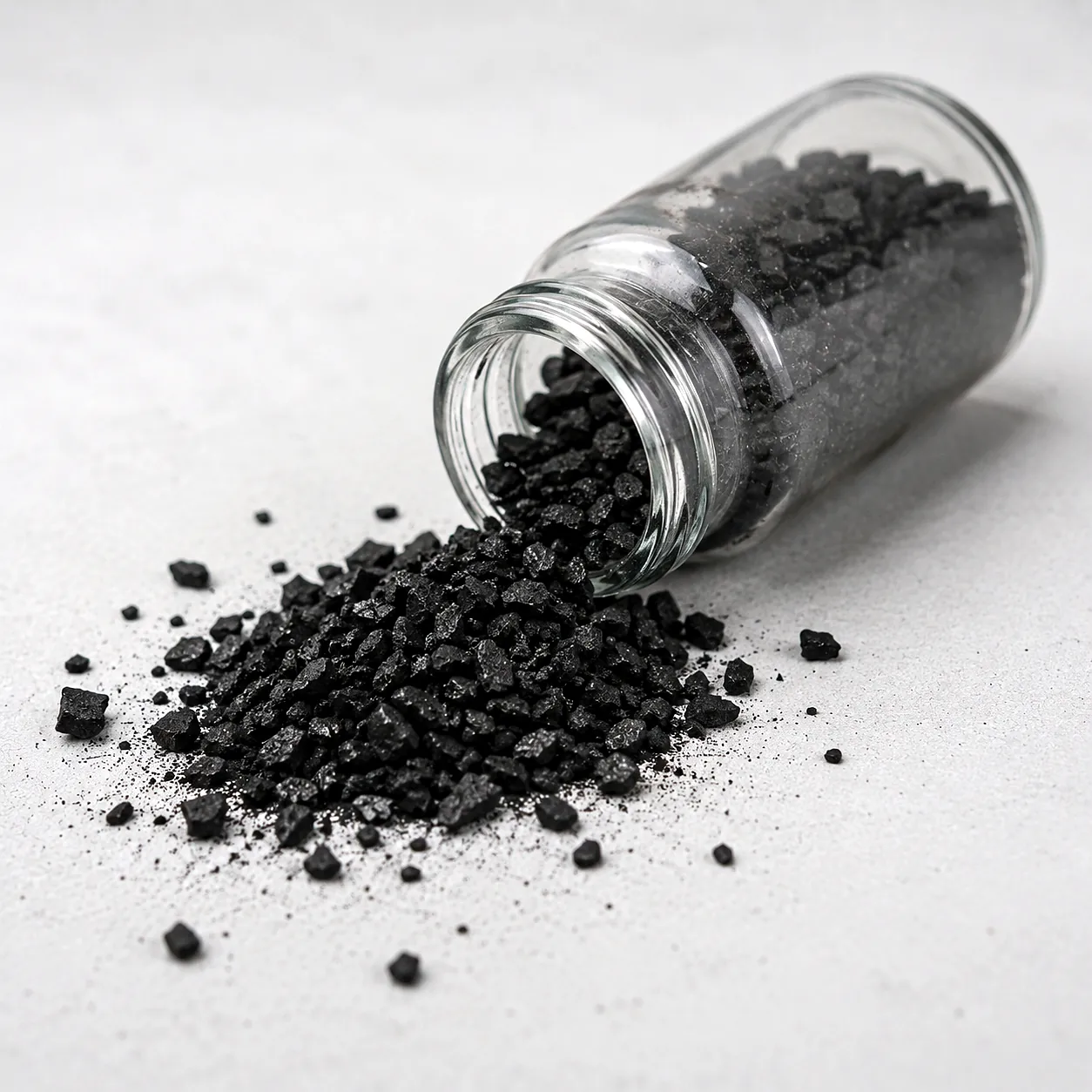 Coconut shell granular activated carbon in a glass jar