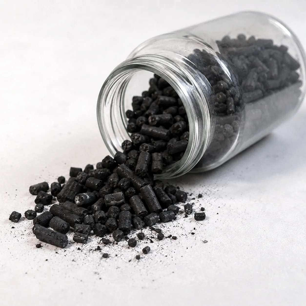 Columnar pellet activated carbon in a glass jar