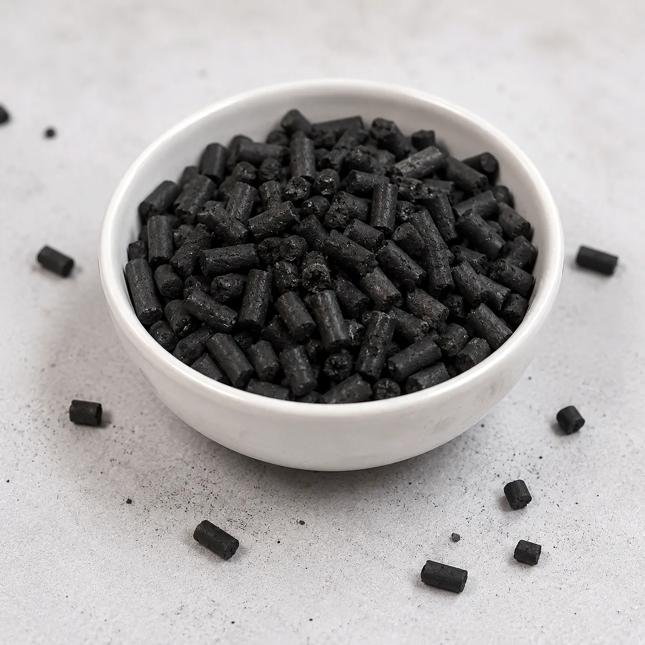 Columnar pellet activated carbon in a ceramic bowl
