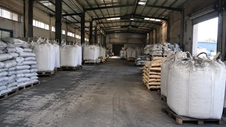 Activated carbon finished goods warehouse with bags and FIBC bulk bags
