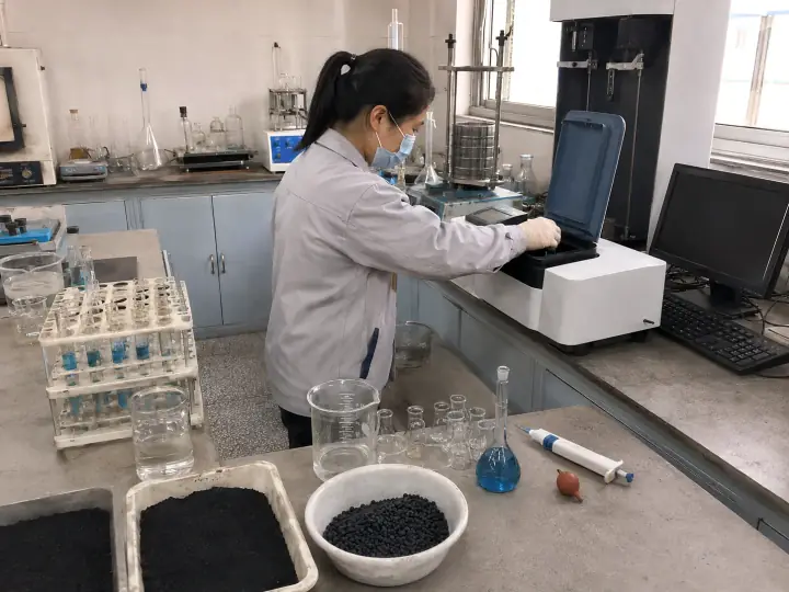 Quality technician operating an activated carbon laboratory analyzer