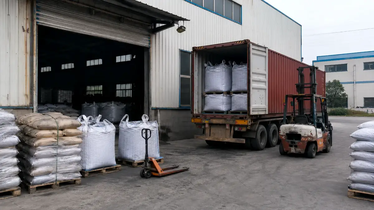 Forklift loading palletized activated carbon FIBC bulk bags into export shipping container