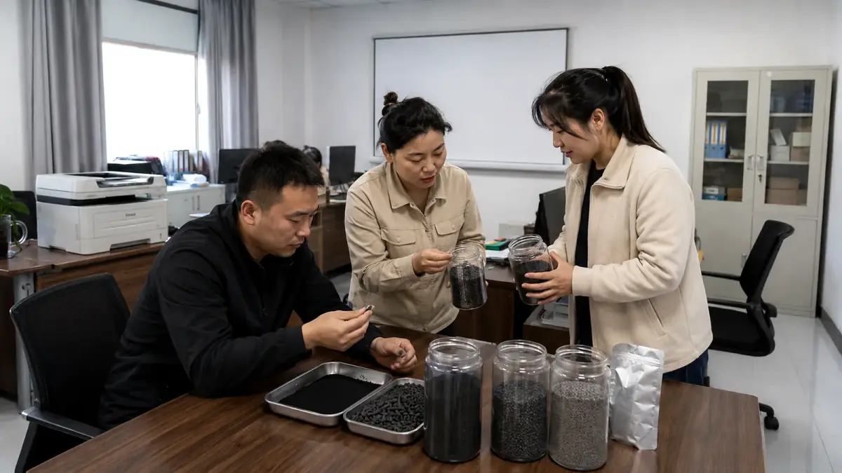 DXD Carbon team reviewing granular, powdered and pellet activated carbon samples